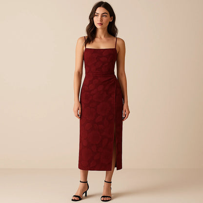 Third natural lifestyle image of a model wearing Red Shirred Floral Maxi Dress Slip Sheath Slit Square Neck Sleeveless Polyester Occasion Summer