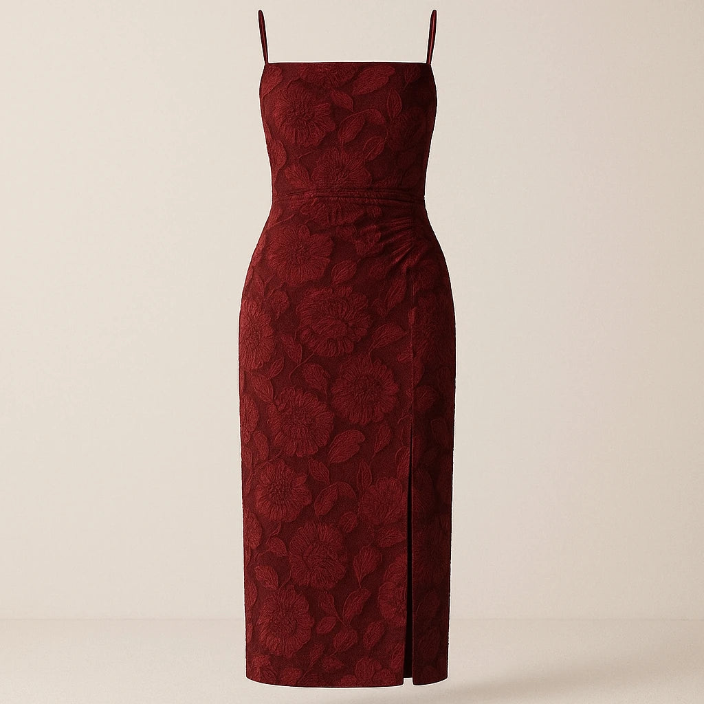 Isolated product image of Red Shirred Floral Maxi Dress Slip Sheath Slit Square Neck Sleeveless Polyester Occasion Summer on simple background