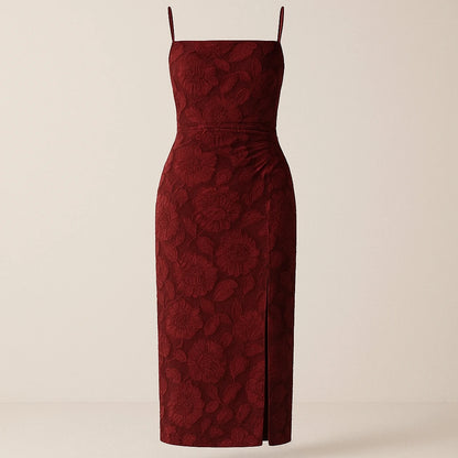 Isolated product image of Red Shirred Floral Maxi Dress Slip Sheath Slit Square Neck Sleeveless Polyester Occasion Summer on simple background