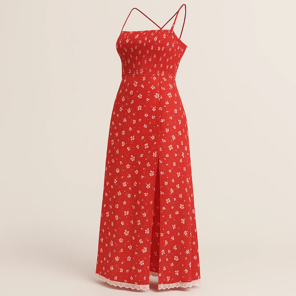 Isolated product image of Red Shirred Floral Maxi Dress Slip Sheath Slit Square Neck Sleeveless Polyester Occasion Summer, three-quarter angle view