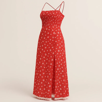 Isolated product image of Red Shirred Floral Maxi Dress Slip Sheath Slit Square Neck Sleeveless Polyester Occasion Summer, three-quarter angle view