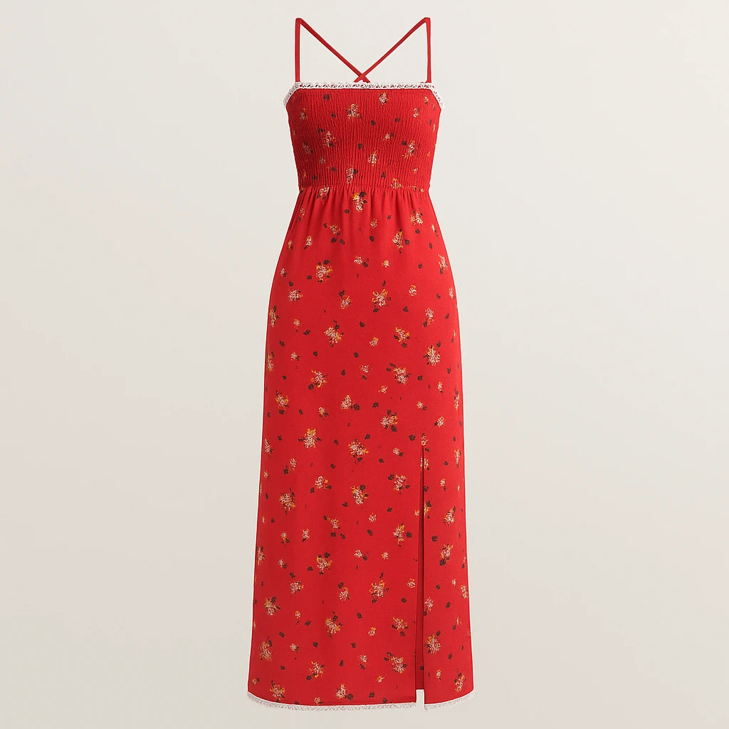 Isolated product image of Red Shirred Floral Maxi Dress Slip Sheath Slit Square Neck Sleeveless Polyester Occasion Summer, front view