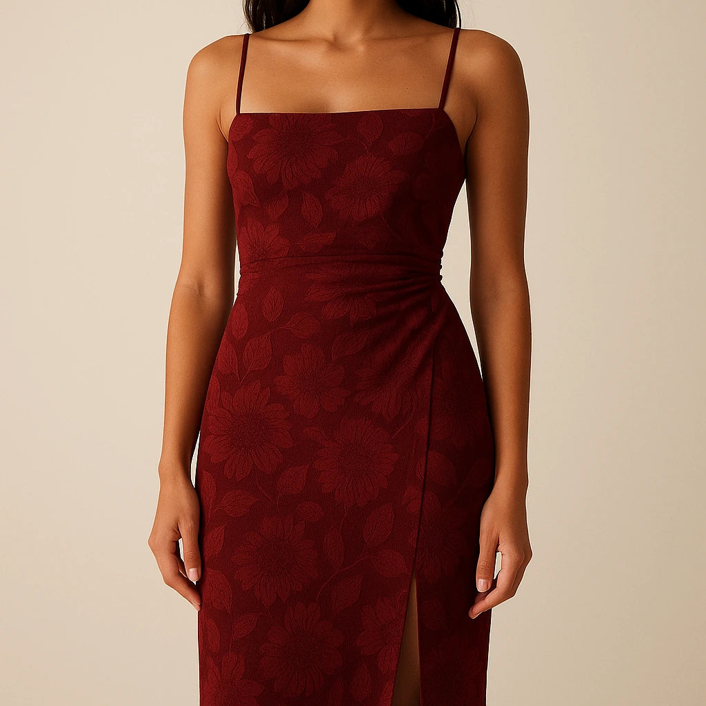 Model wearing Red Shirred Floral Maxi Dress Slip Sheath Slit Square Neck Sleeveless Polyester Occasion Summer with close focus on the product