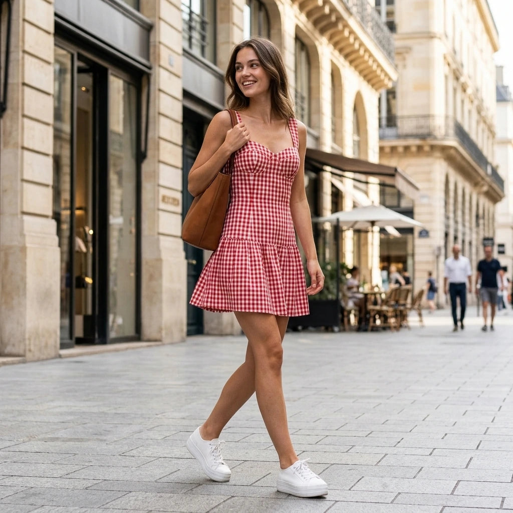 Second natural lifestyle image of a model wearing Red Plaid Sweetheart Neck Slip Mini Dress