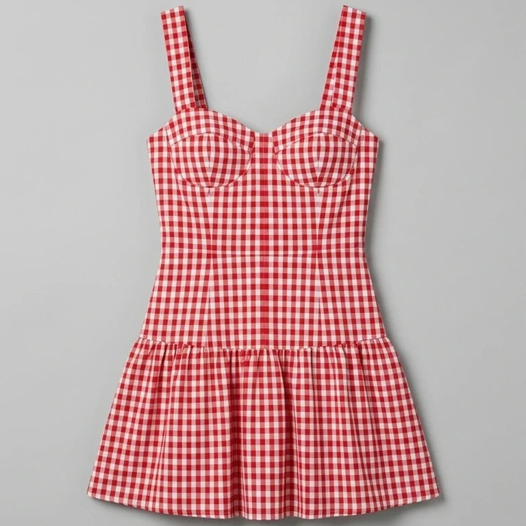 Front product-only image of Red Plaid Sweetheart Neck Slip Mini Dress