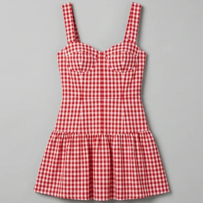 Front product-only image of Red Plaid Sweetheart Neck Slip Mini Dress
