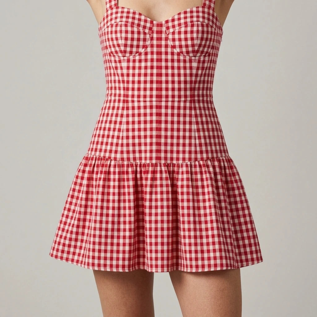 Model wearing Red Plaid Sweetheart Neck Slip Mini Dress with close focus on the product