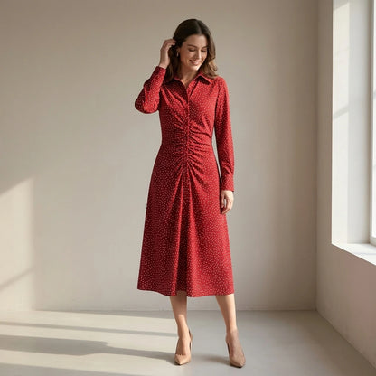 Natural lifestyle image of a model wearing Red Polka Dot A-Line Midi Dress