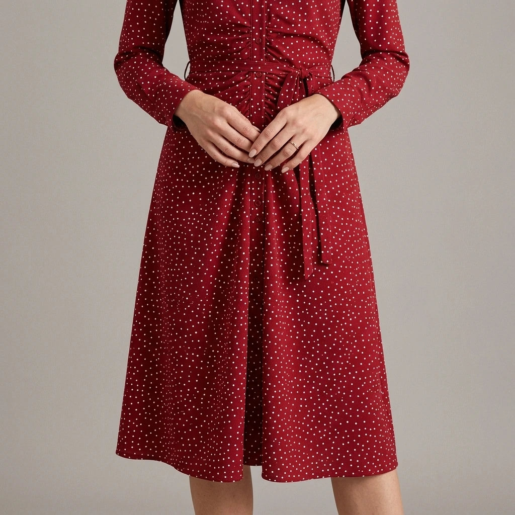 Model wearing Red Polka Dot A-Line Midi Dress with close focus on the product