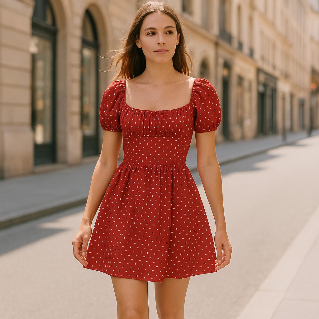 Second natural lifestyle image of a model wearing Red Ruched Polka Dot Mini Dress Skater Square Neck Short Sleeve Puffed Stylish Summer