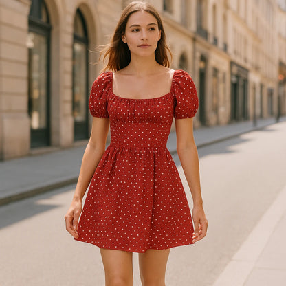 Second natural lifestyle image of a model wearing Red Ruched Polka Dot Mini Dress Skater Square Neck Short Sleeve Puffed Stylish Summer
