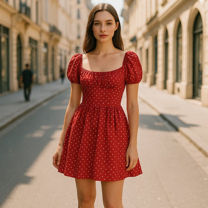Third natural lifestyle image of a model wearing Red Ruched Polka Dot Mini Dress Skater Square Neck Short Sleeve Puffed Stylish Summer