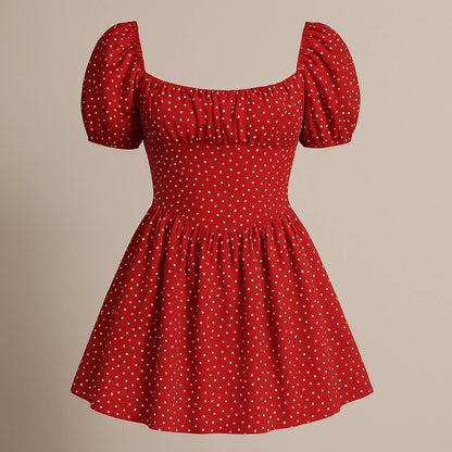Isolated product image of Red Ruched Polka Dot Mini Dress Skater Square Neck Short Sleeve Puffed Stylish Summer on simple background