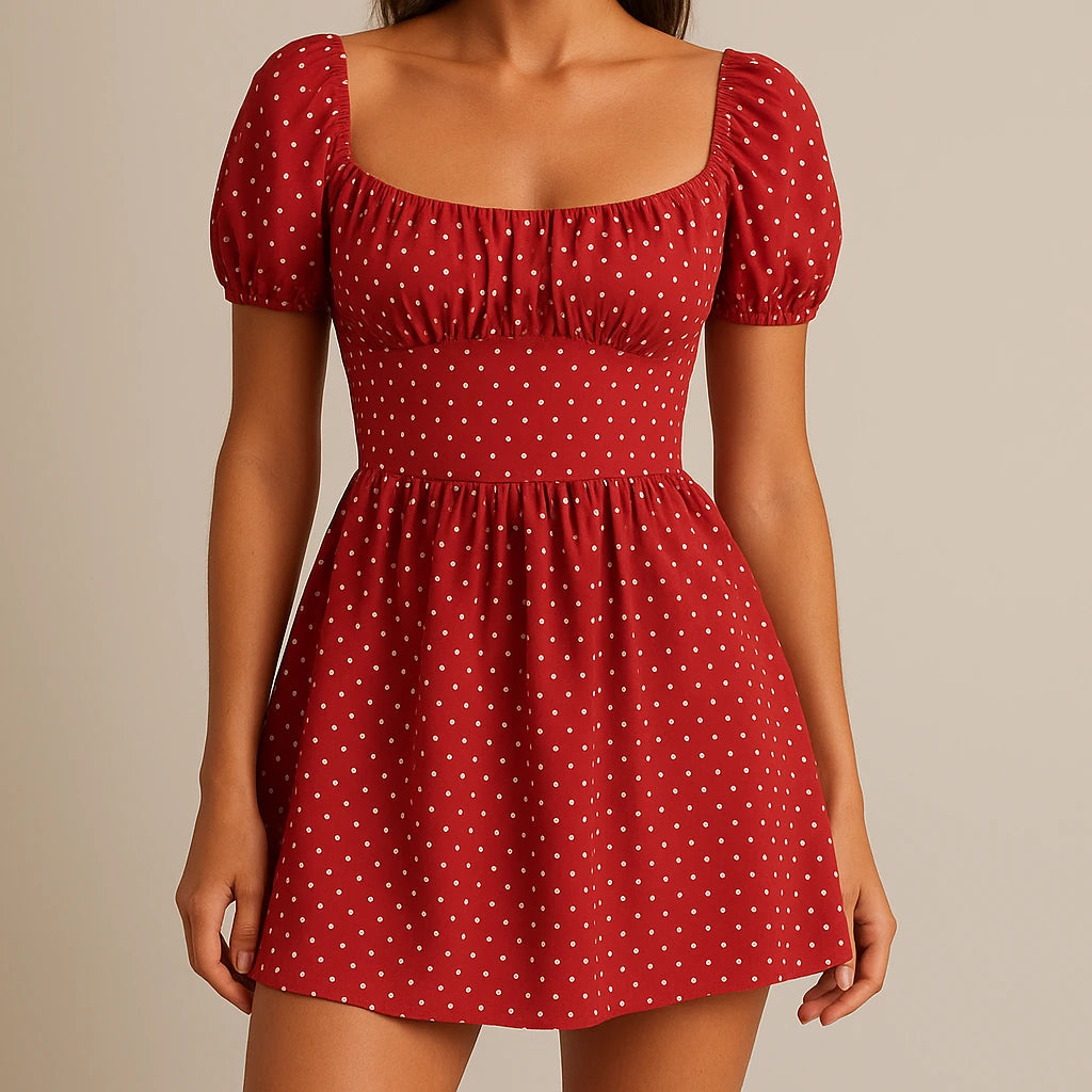 Model wearing Red Ruched Polka Dot Mini Dress Skater Square Neck Short Sleeve Puffed Stylish Summer with close focus on the product