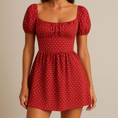 Model wearing Red Ruched Polka Dot Mini Dress Skater Square Neck Short Sleeve Puffed Stylish Summer with close focus on the product