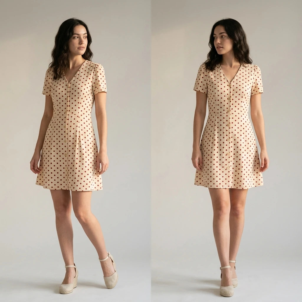 Natural lifestyle image of a model wearing the-beige-polka-dot-button-mini-dress