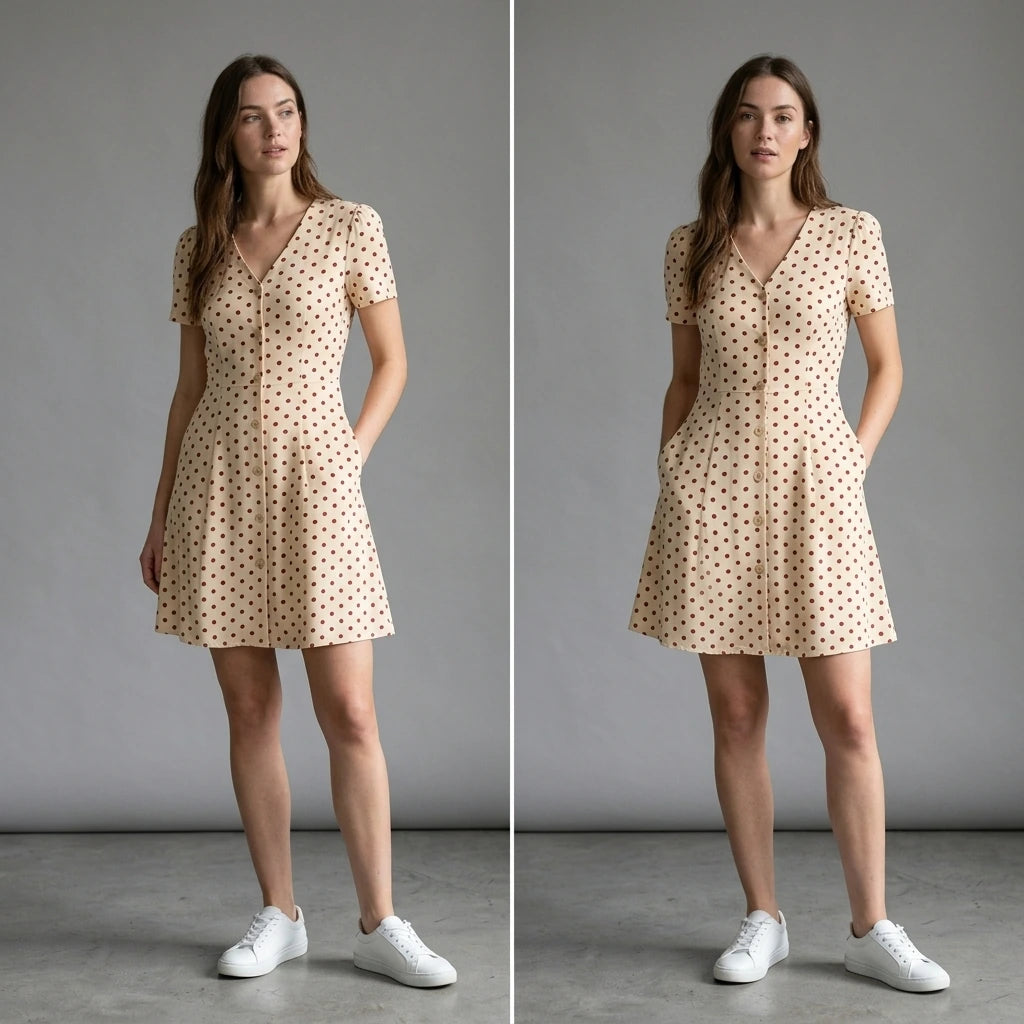 Third natural lifestyle image of a model wearing the-beige-polka-dot-button-mini-dress