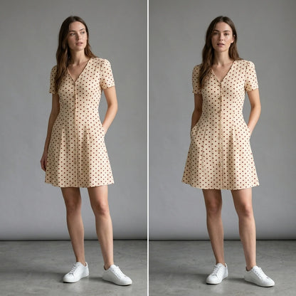 Third natural lifestyle image of a model wearing the-beige-polka-dot-button-mini-dress