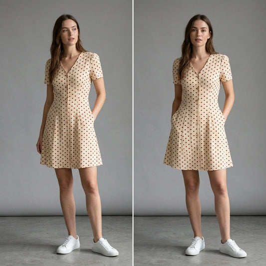 Third natural lifestyle image of a model wearing the-beige-polka-dot-button-mini-dress
