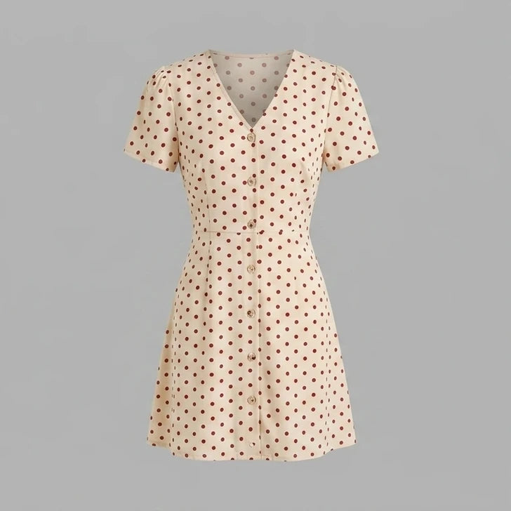 Front product-only image of the-beige-polka-dot-button-mini-dress