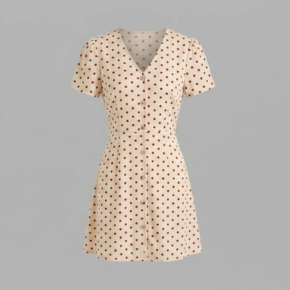 Front product-only image of the-beige-polka-dot-button-mini-dress