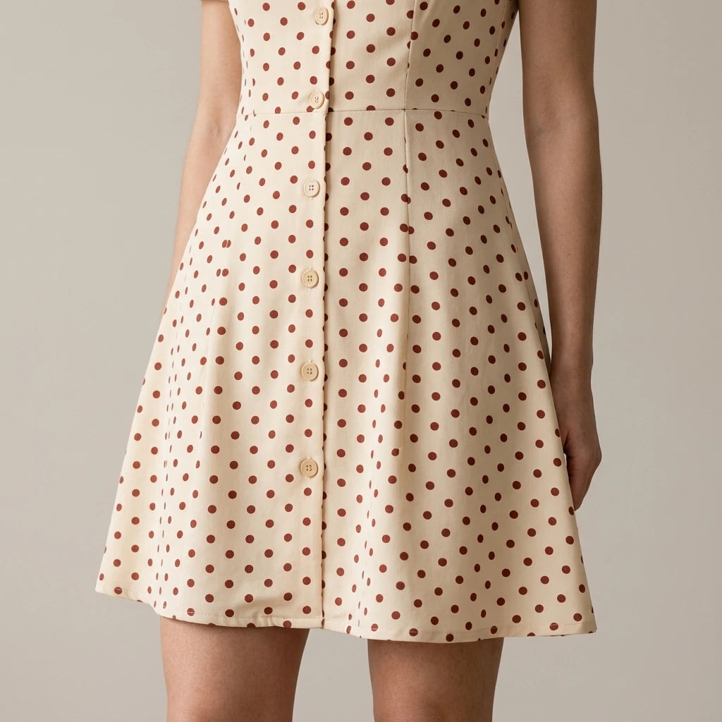 Model wearing the-beige-polka-dot-button-mini-dress with close focus on the product