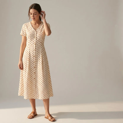 Natural lifestyle image of a model wearing The Beige V Neck Polka Dot Button Midi Dress