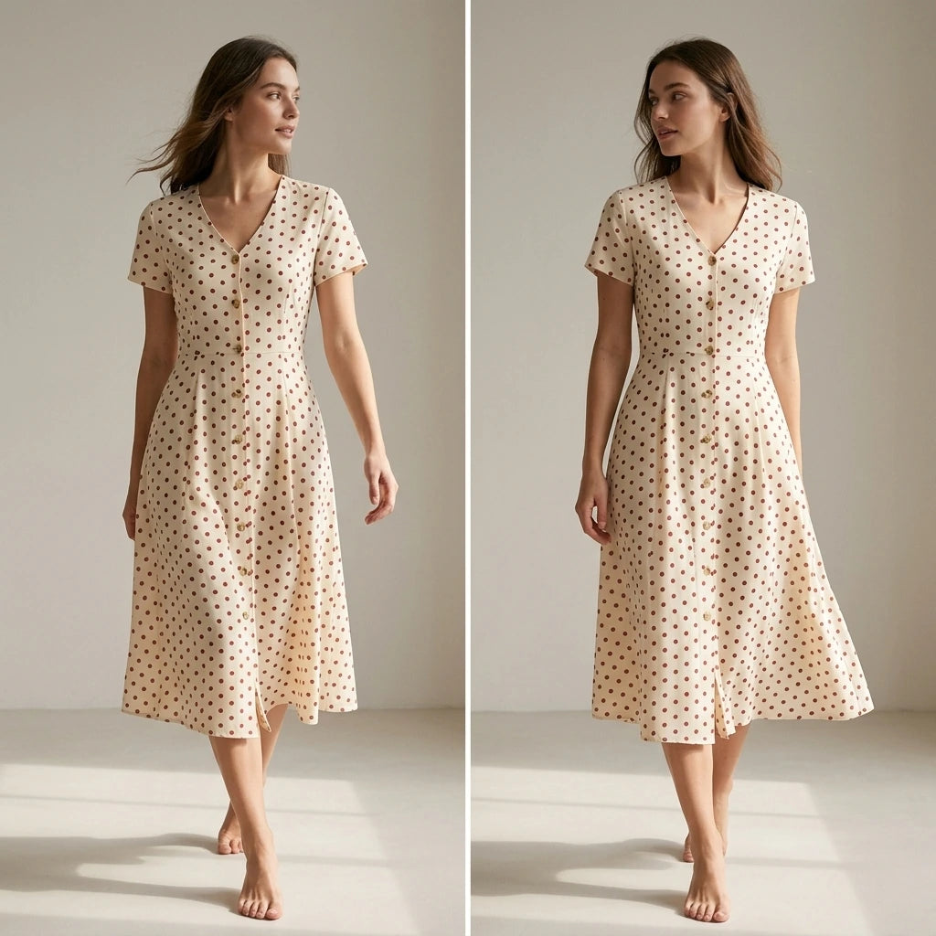 Second natural lifestyle image of a model wearing The Beige V Neck Polka Dot Button Midi Dress
