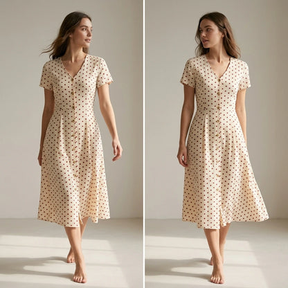Second natural lifestyle image of a model wearing The Beige V Neck Polka Dot Button Midi Dress