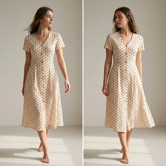 Second natural lifestyle image of a model wearing The Beige V Neck Polka Dot Button Midi Dress