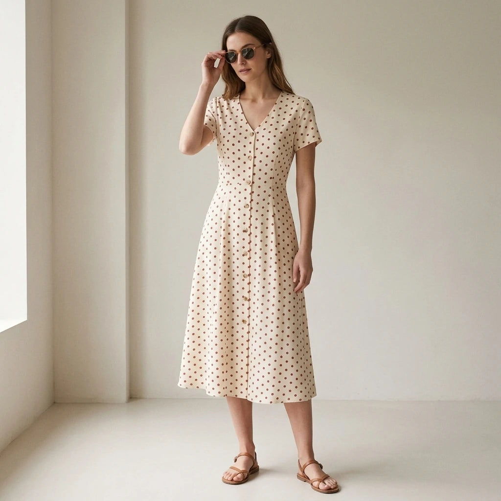 Third natural lifestyle image of a model wearing The Beige V Neck Polka Dot Button Midi Dress