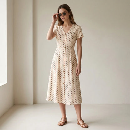 Third natural lifestyle image of a model wearing The Beige V Neck Polka Dot Button Midi Dress