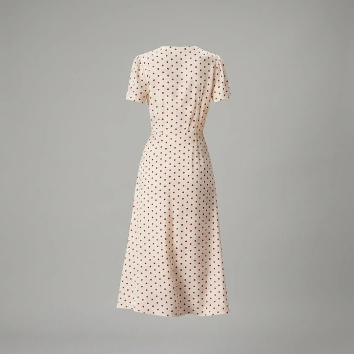 Back product-only image of The Beige V Neck Polka Dot Button Midi Dress