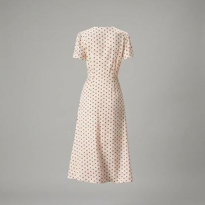 Back product-only image of The Beige V Neck Polka Dot Button Midi Dress