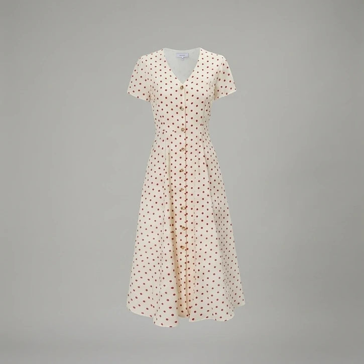 Front product-only image of The Beige V Neck Polka Dot Button Midi Dress