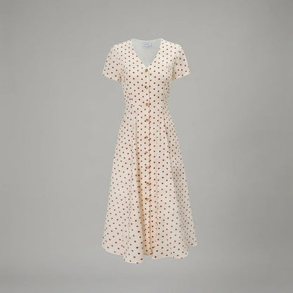 Front product-only image of The Beige V Neck Polka Dot Button Midi Dress