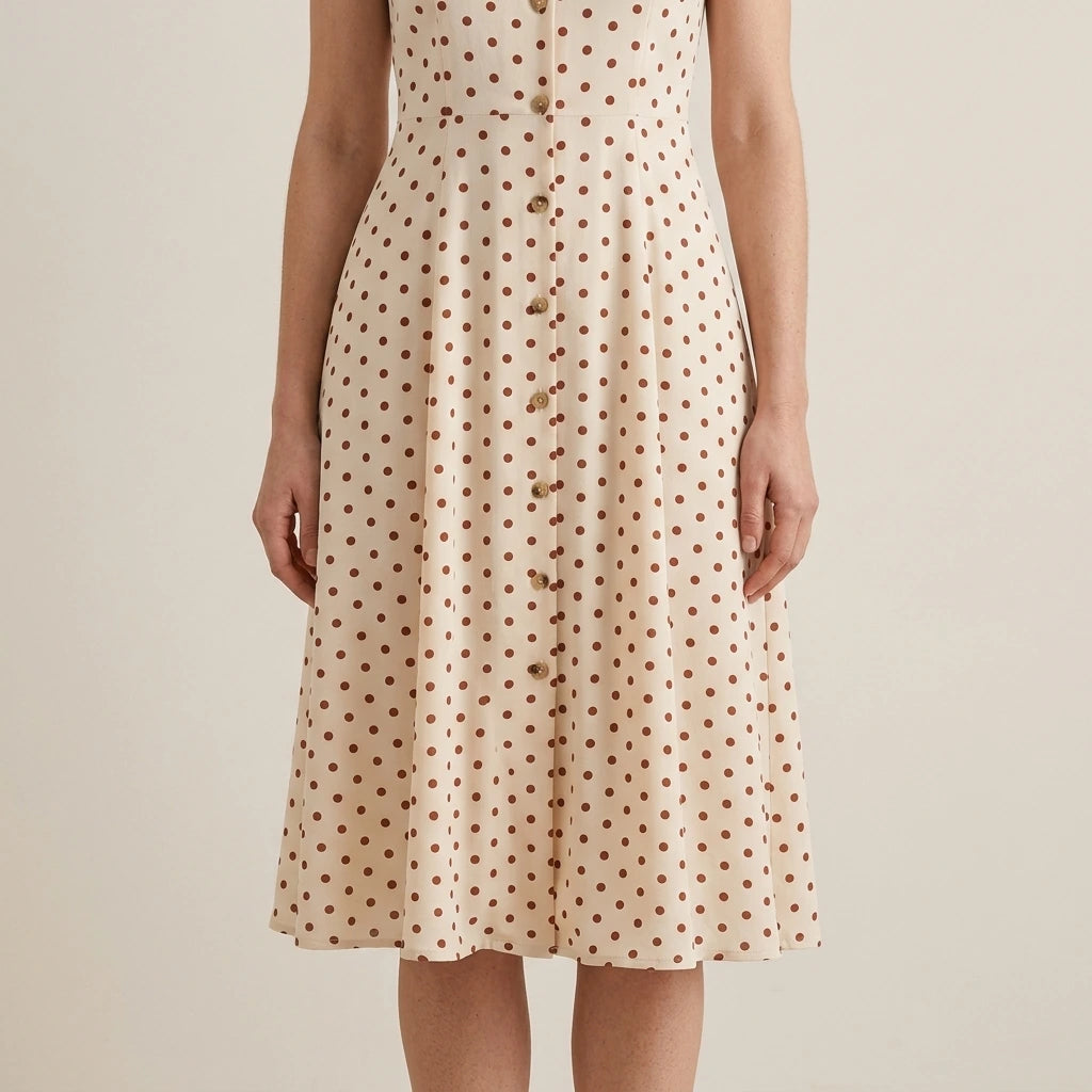 Model wearing The Beige V Neck Polka Dot Button Midi Dress with close focus on the product