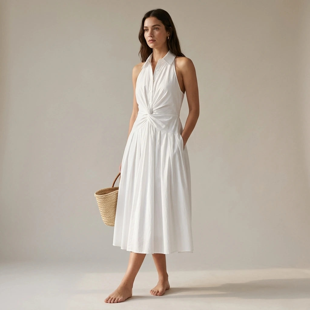 Natural lifestyle image of a model wearing The White Collared Twist Backless Midi Dress