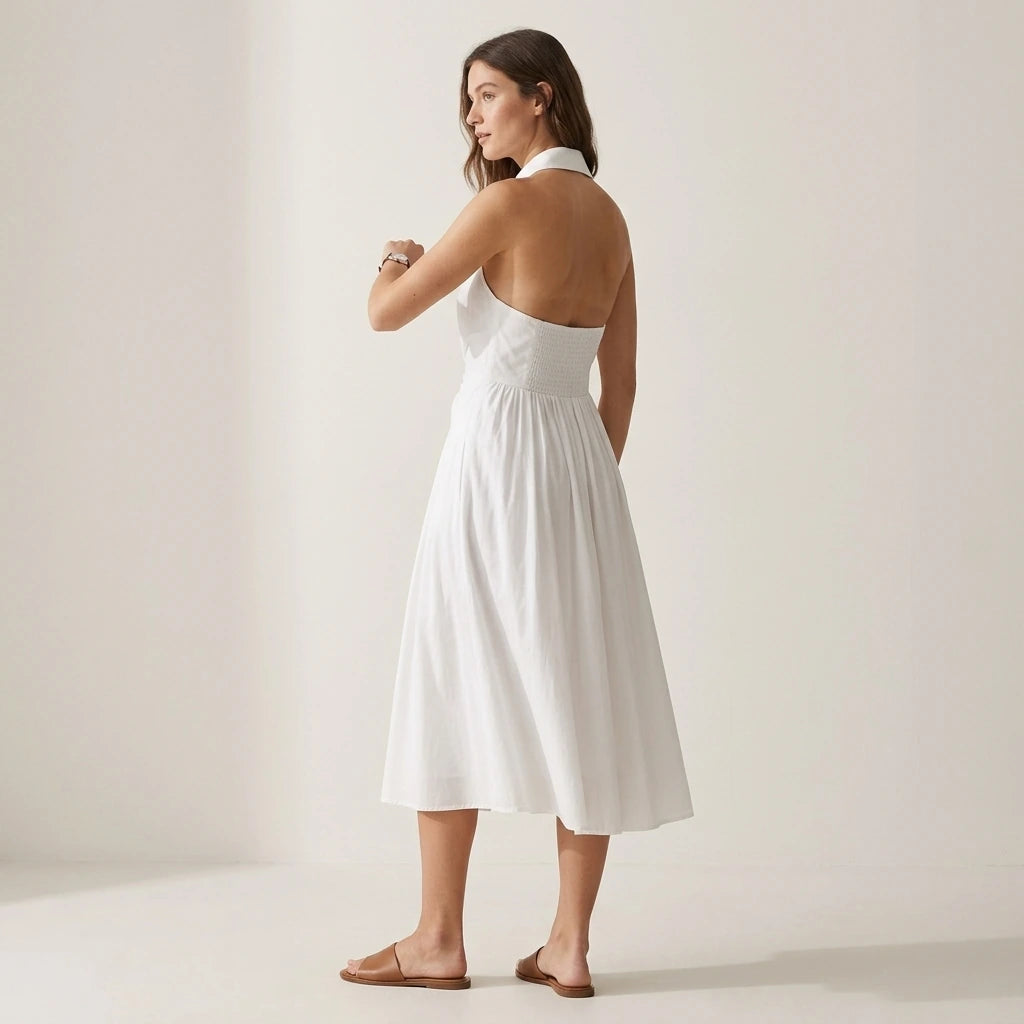 Third natural lifestyle image of a model wearing The White Collared Twist Backless Midi Dress