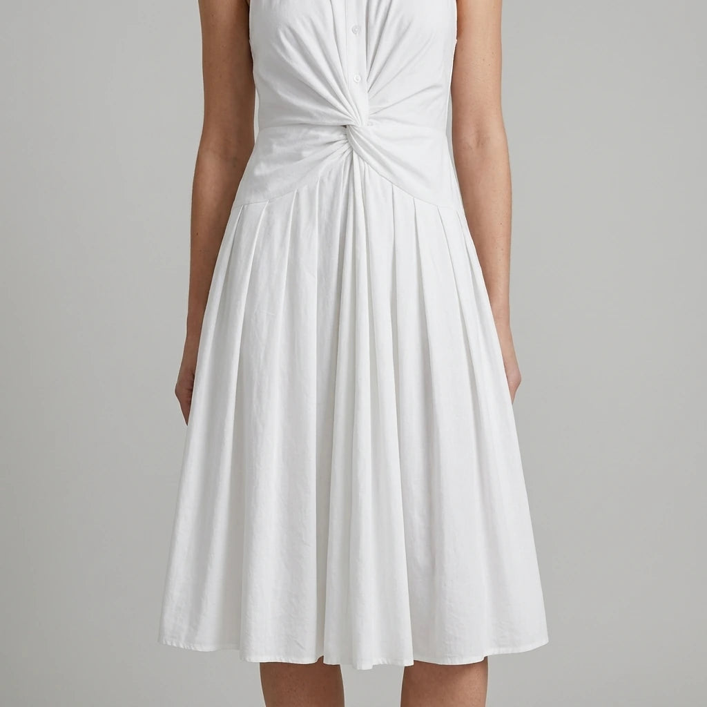 Model wearing The White Collared Twist Backless Midi Dress with close focus on the product
