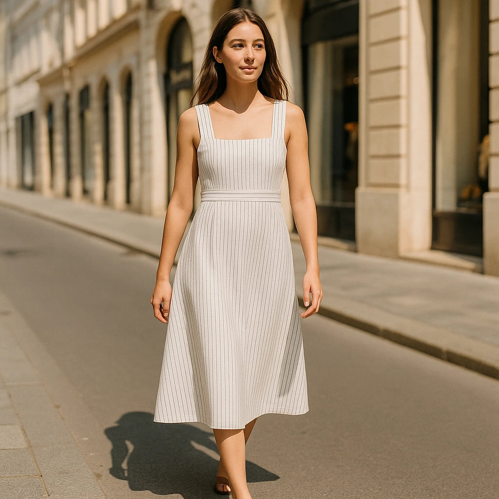 Second natural lifestyle image of a model wearing White Striped Slip Midi Dress Square Neck Sleeveless Workwear Summer
