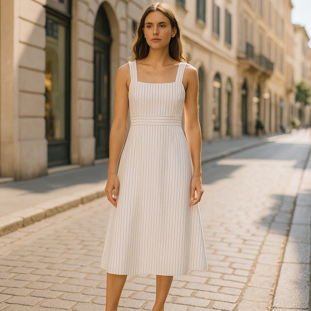 Third natural lifestyle image of a model wearing White Striped Slip Midi Dress Square Neck Sleeveless Workwear Summer