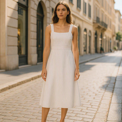 Third natural lifestyle image of a model wearing White Striped Slip Midi Dress Square Neck Sleeveless Workwear Summer