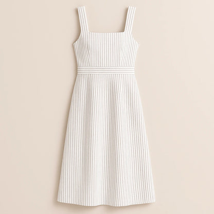 Isolated product image of White Striped Slip Midi Dress Square Neck Sleeveless Workwear Summer on simple background