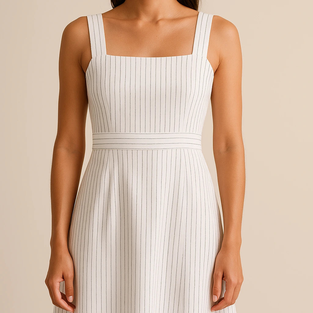 Model wearing White Striped Slip Midi Dress Square Neck Sleeveless Workwear Summer with close focus on the product
