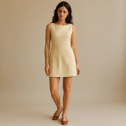 Natural lifestyle image of a model wearing Yellow Sheath Cut Out Mini Dress Pockets Boat Neck Sleeveless Workwear Summer