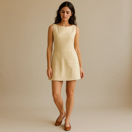 Natural lifestyle image of a model wearing Yellow Sheath Cut Out Mini Dress Pockets Boat Neck Sleeveless Workwear Summer