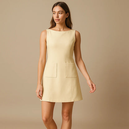 Second natural lifestyle image of a model wearing Yellow Sheath Cut Out Mini Dress Pockets Boat Neck Sleeveless Workwear Summer