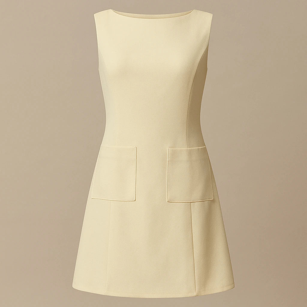 Isolated product image of Yellow Sheath Cut Out Mini Dress Pockets Boat Neck Sleeveless Workwear Summer on simple background
