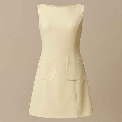 Isolated product image of Yellow Sheath Cut Out Mini Dress Pockets Boat Neck Sleeveless Workwear Summer on simple background